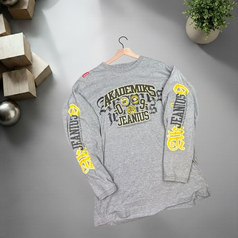 Akademiks Jeanius Vintage Y2K Long Sleeve Graphic Shirt Mens XXL Grey Streetwear